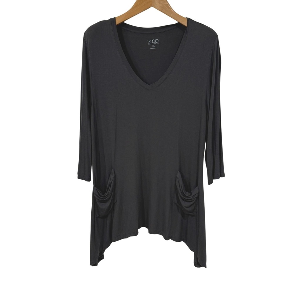 LOGO Womens Gray Tunic Top Draped Pockets Size XL Asymmetrical Hem Lagenlook